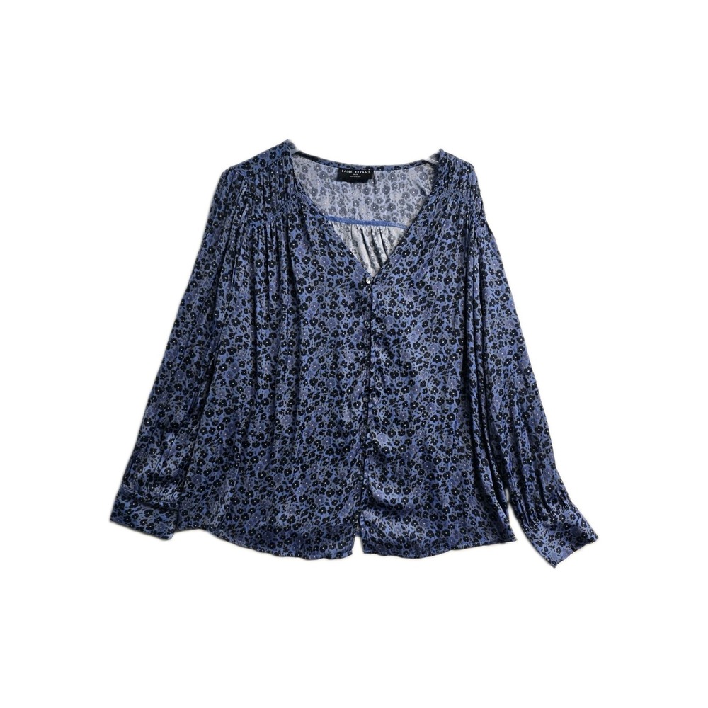 Lane Bryant 18/20 Blue Floral Blouse Pearl Button Down Sleeves Flattering